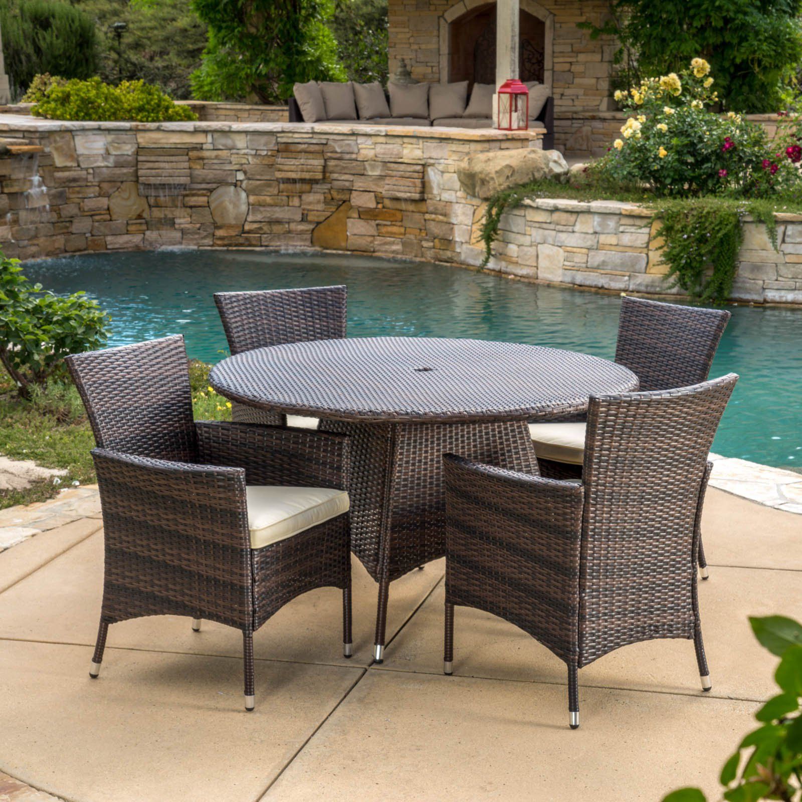 Rattan Wicker Outdoor Seating Sets Inside Recent Madison Wicker 5 Piece Round Patio Dining Set With Cushions – Walmart (View 2 of 15)