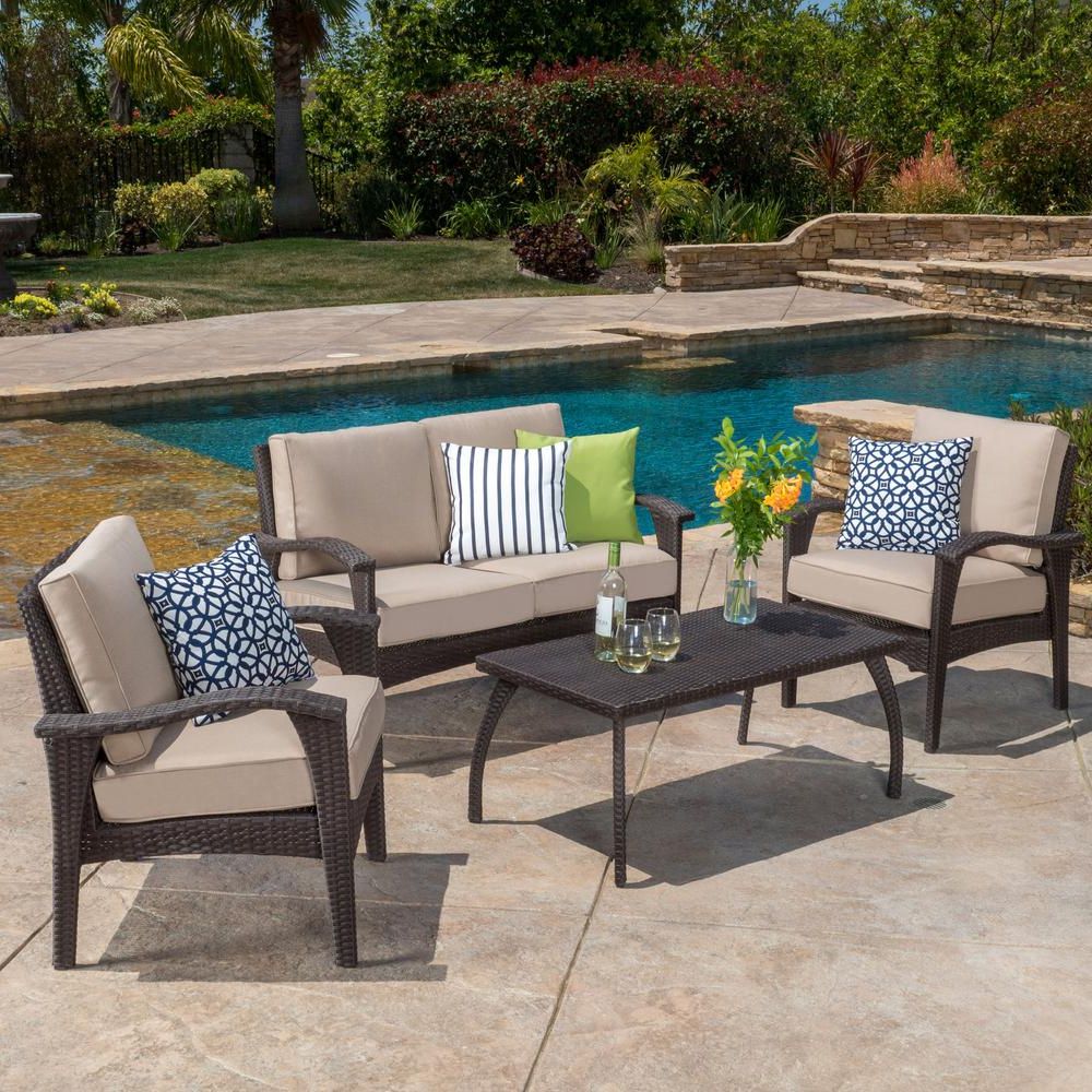 Recent 4 Piece Wood Outdoor Bar Sets In Noble House Honolulu Brown 4 Piece Wicker Patio Conversation Set With (View 3 of 15)