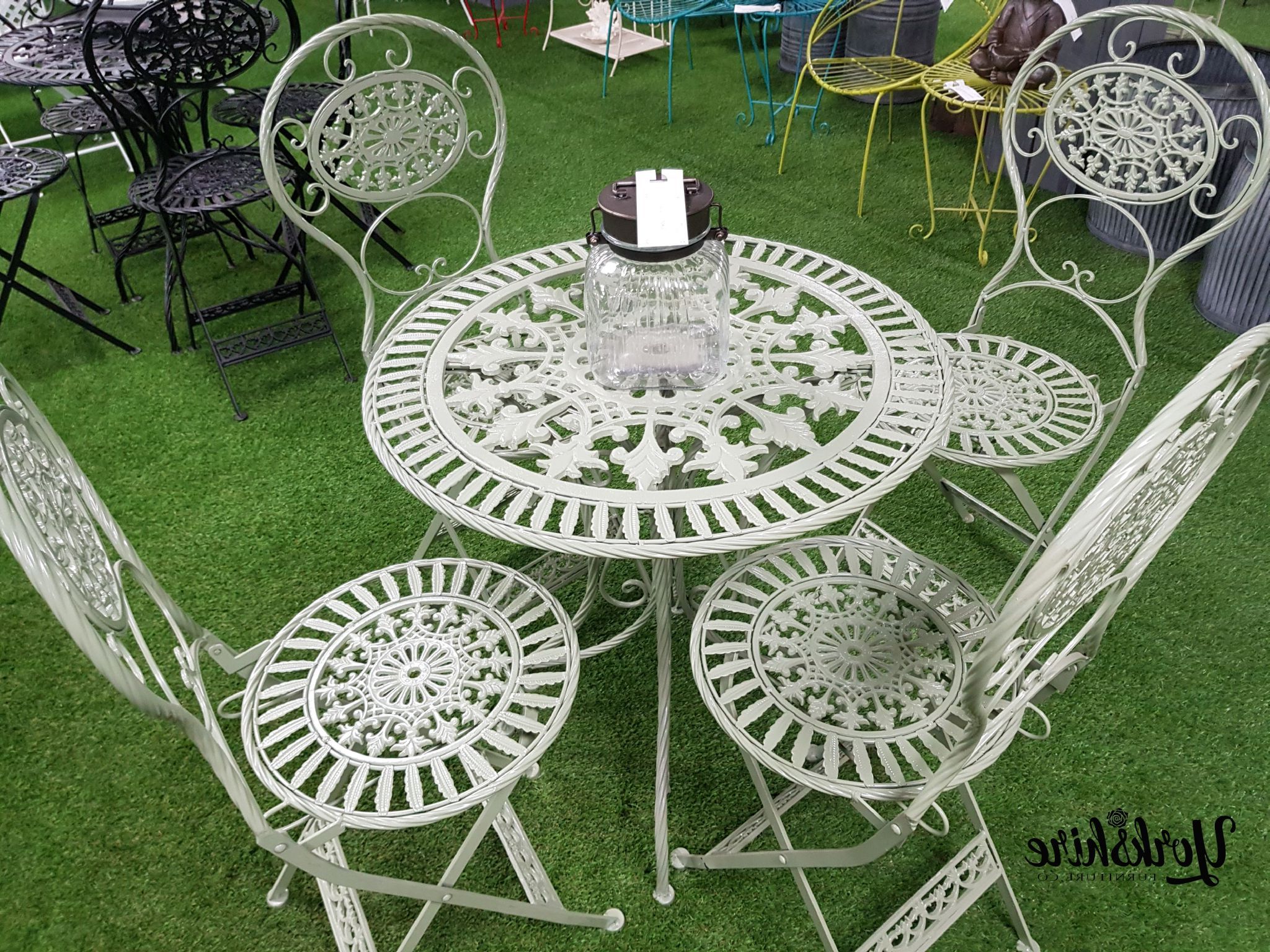 Recent Antique Pale Green Metal Patio Set – Table & 4 Chairs Throughout Wide Silver Metal Outdoor Picnic Tables (View 15 of 15)