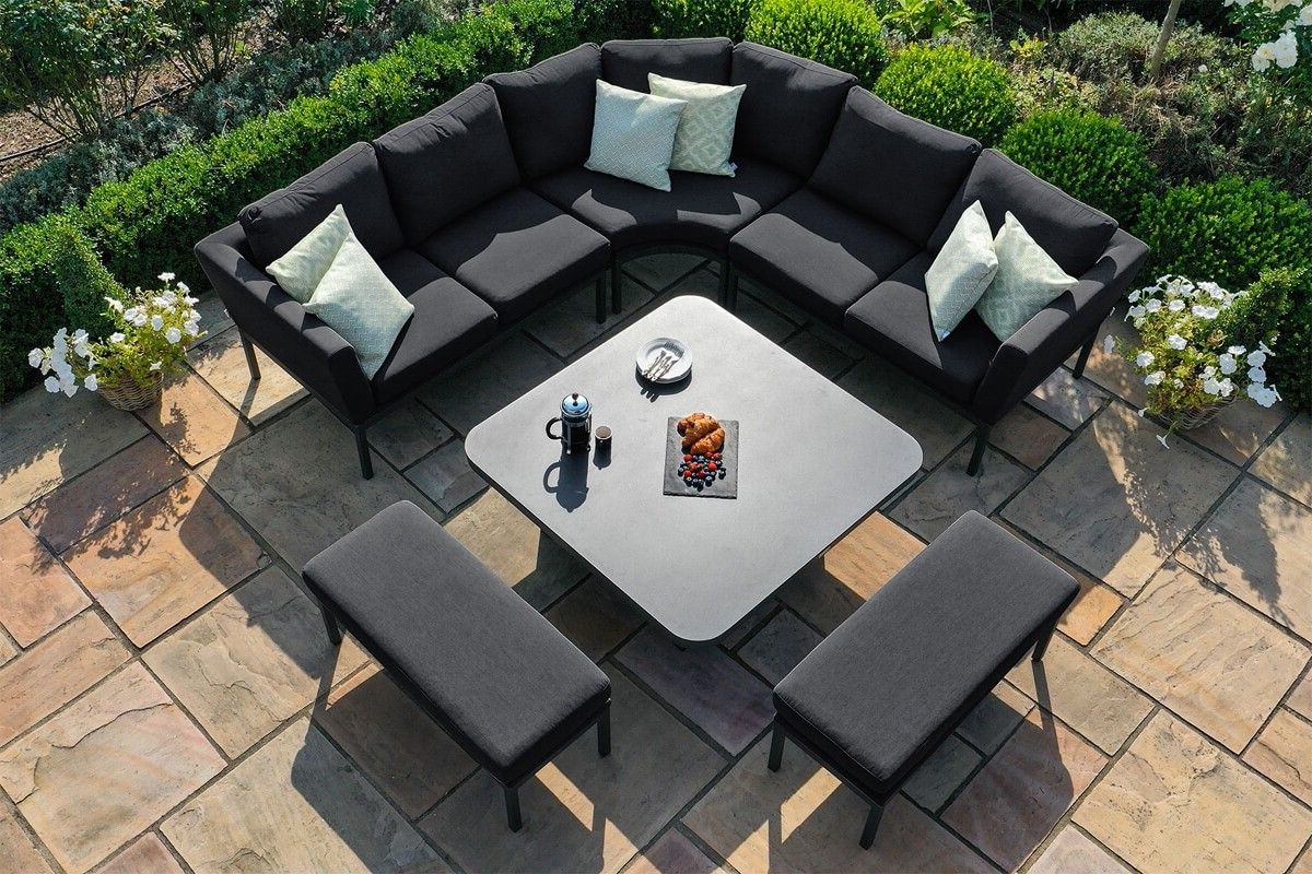 Recent Deluxe Square Patio Dining Sets With Regard To Maze Outdoor Fabric Pulse Deluxe Square Corner Dining Set – Rising Table (View 6 of 15)