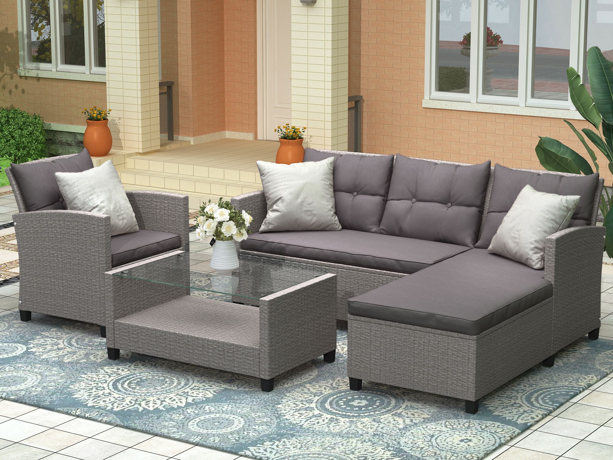 Recent Gray Wood Outdoor Conversation Sets Regarding Outdoor Sectional Conversation Set, 4 Piece Rattan Wicker Sectional (View 11 of 15)