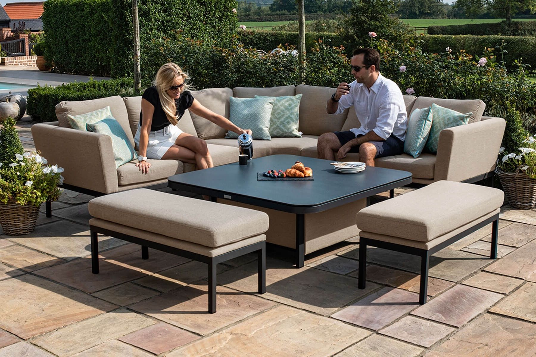 Recent Maze Outdoor Fabric Pulse Deluxe Square Corner Dining Set – Rising Table Within Deluxe Square Patio Dining Sets (View 11 of 15)