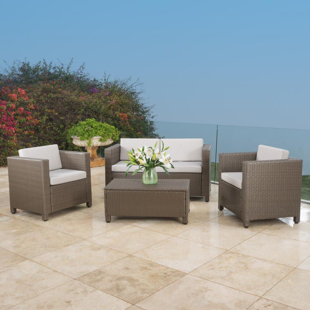 Recent Noble House Maverick Brown 4 Piece Wicker Patio Seating Set With Regarding 4 Piece Outdoor Wicker Seating Sets (View 9 of 15)