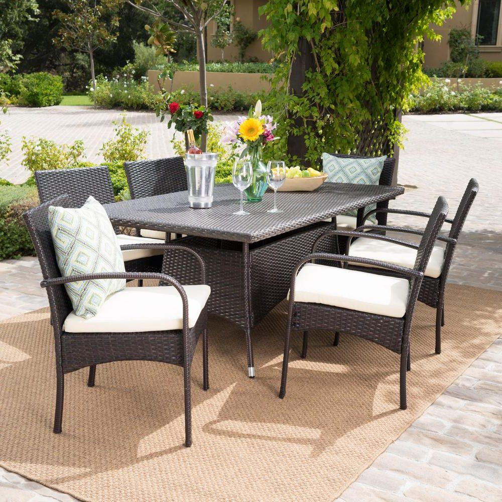 Recent Outdoor Wicker Cafe Dining Sets Within Noble House Rudolph Multi Brown 7 Piece Wicker Outdoor Dining Set (View 4 of 15)