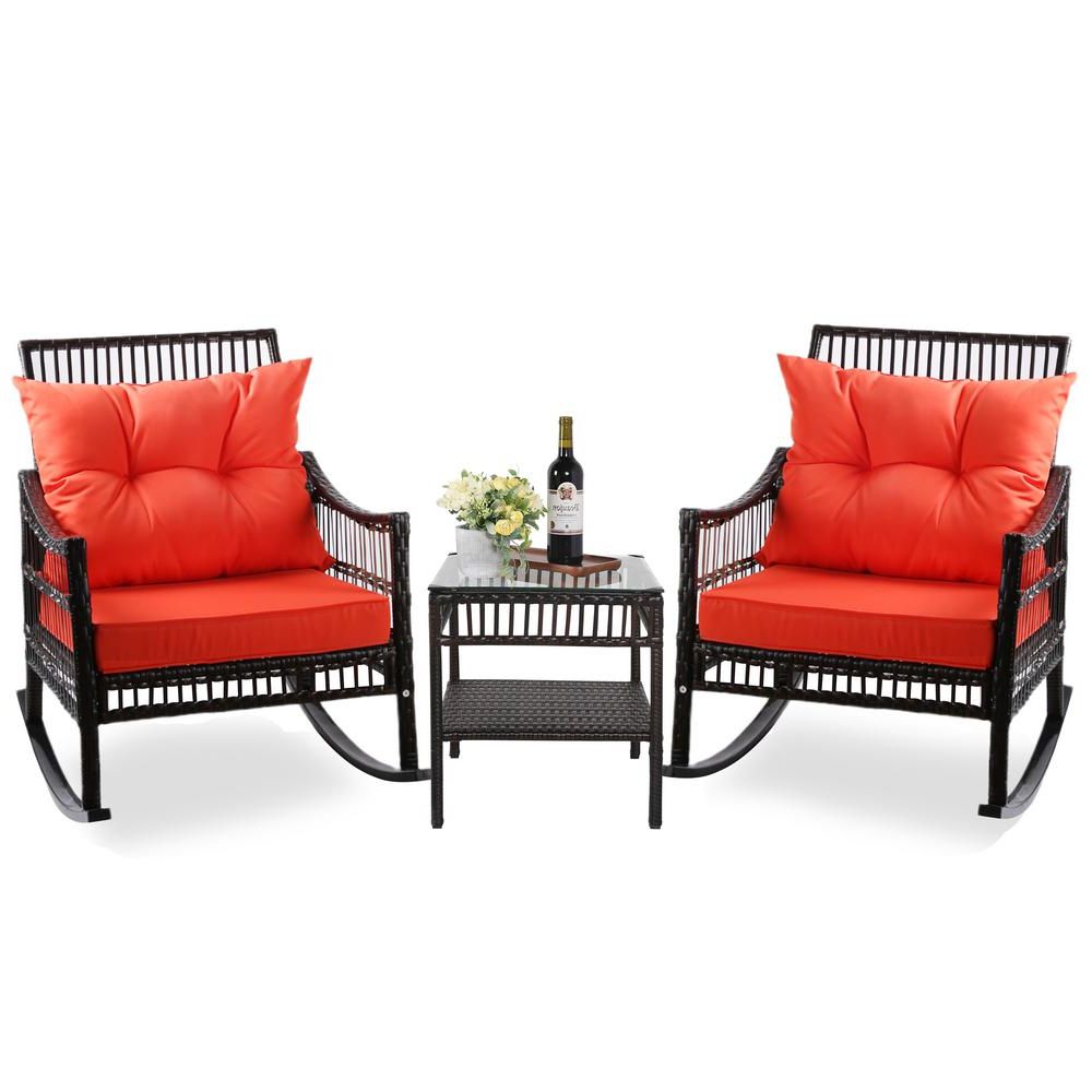 Recent Outdoor Wicker Orange Cushion Patio Sets Pertaining To Veikous Dark Brown 3 Piece Patio Wicker Outdoor Rocking Chair Set With (View 10 of 15)