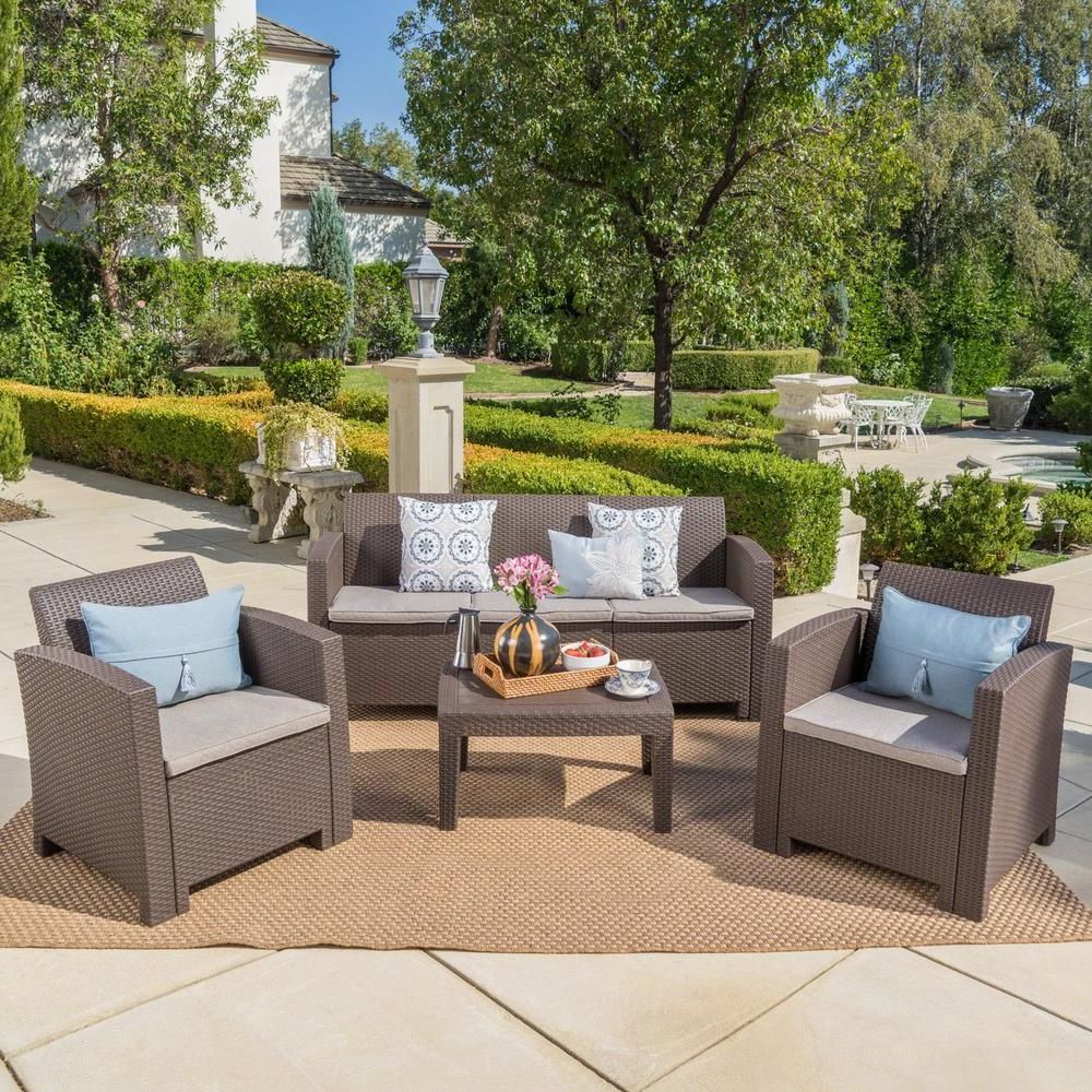 Recent Wicker Beige Cushion Outdoor Patio Sets With Noble House 4 Piece Wicker Patio Conversation Set With Mixed Beige (View 5 of 15)