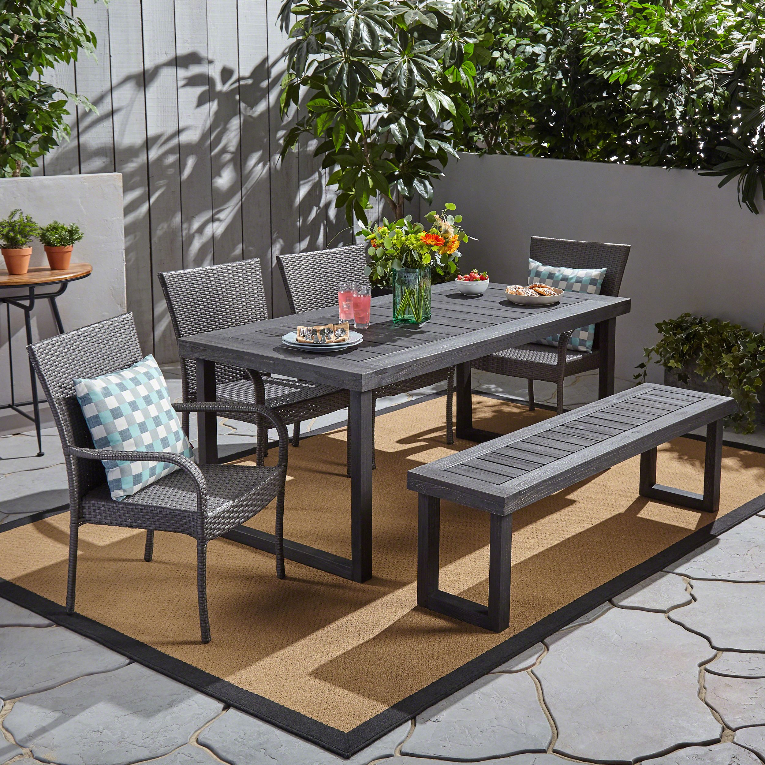 Recent Zoe Outdoor 6 Piece Acacia Wood Dining Set With Bench And Wicker Intended For Dark Wood Outdoor Chairs (View 13 of 15)