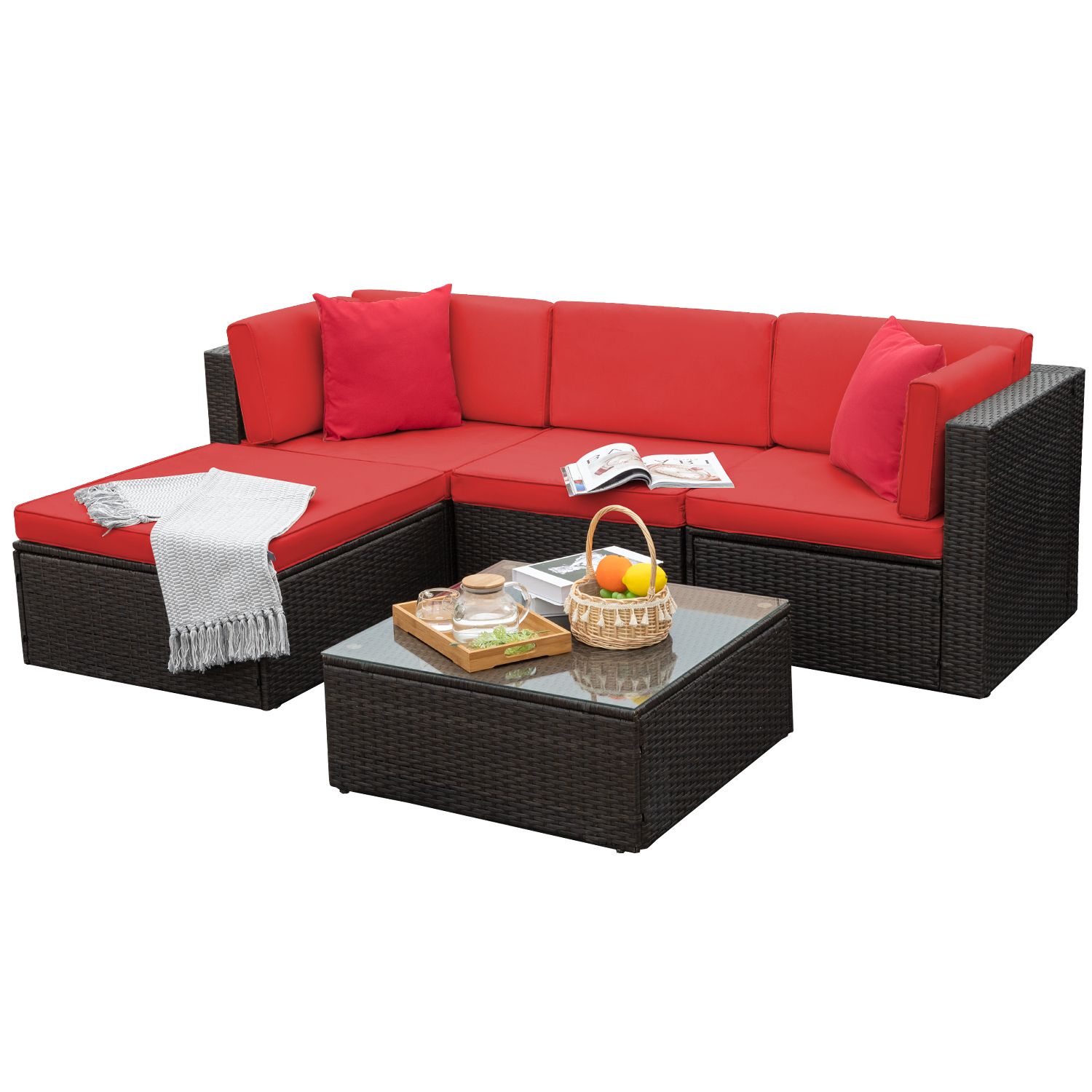 Red Loveseat Outdoor Conversation Sets In Popular Walnew 5 Pieces Outdoor Patio Sectional Sofa Sets All Weather Pe Rattan (View 2 of 15)