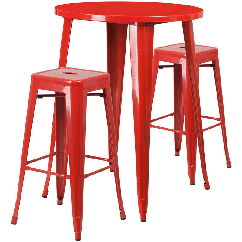 Red Metal Outdoor Table And Chairs Sets In Best And Newest 30'' Round Red Metal Indoor Outdoor Bar Table Set With 2 Square Seat (View 12 of 15)