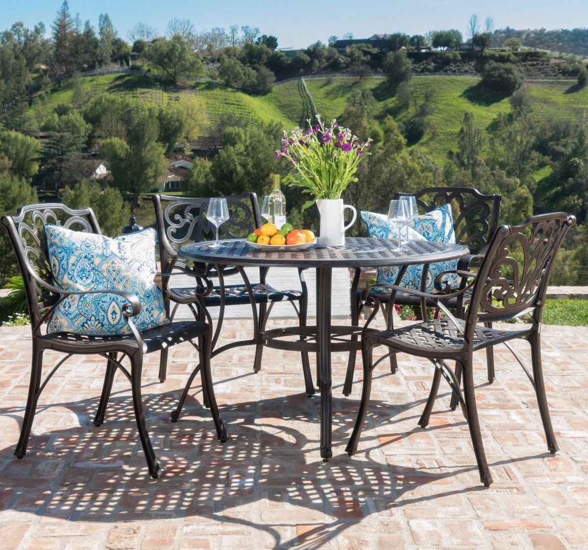 Round 5 Piece Outdoor Dining Set With Most Recent Calandra Cast Aluminum 5 Piece Outdoor Dining Set With 48" Round Table (View 15 of 15)
