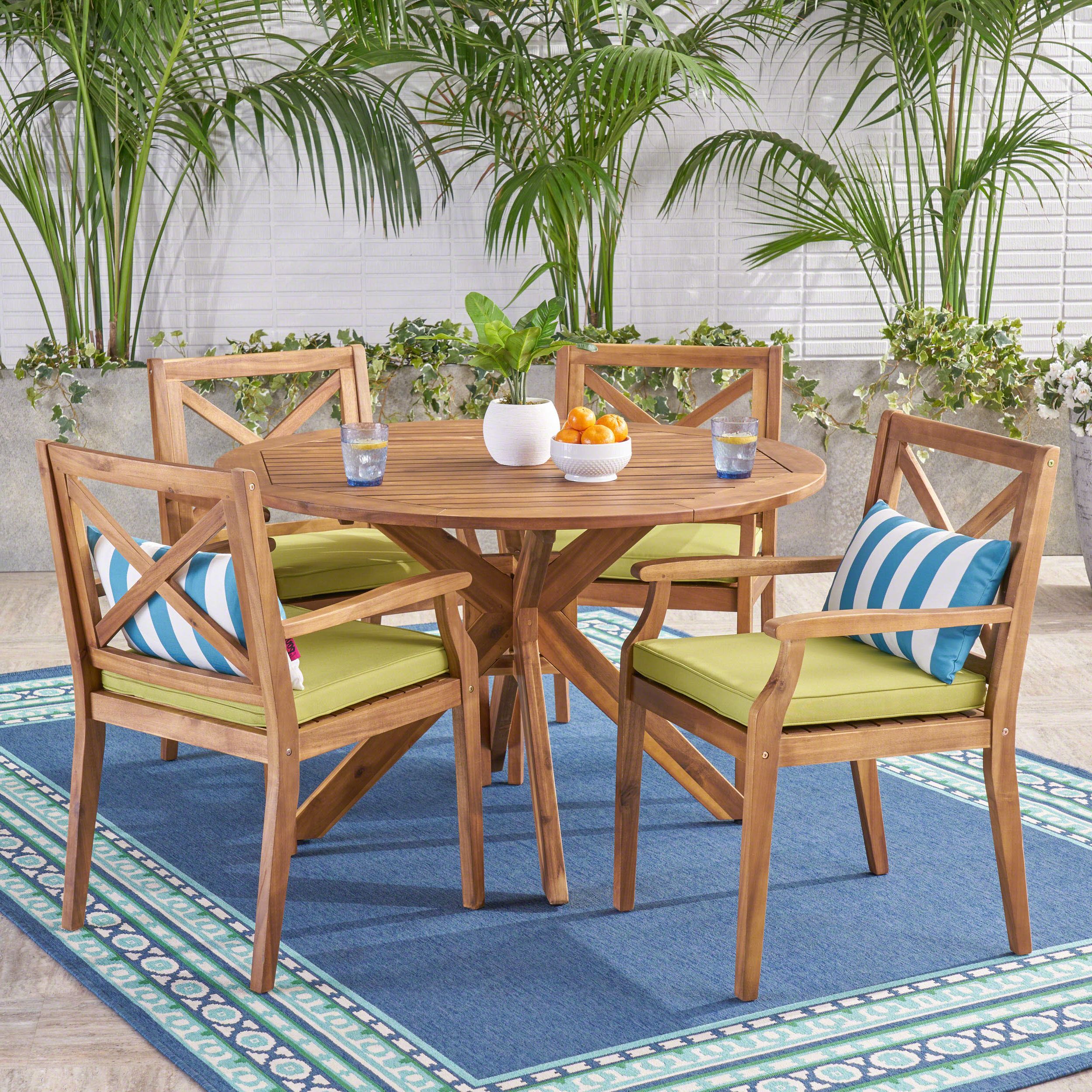 Round 5 Piece Outdoor Dining Set With Recent Oakley Outdoor 5 Piece Acacia Wood Round Dining Set With Cushions, Teak (View 1 of 15)