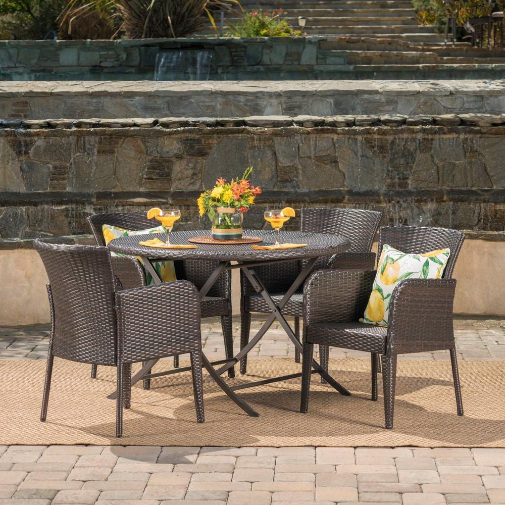 Round 5 Piece Outdoor Dining Set With Regard To Preferred Noble House Jefferson Multi Brown 5 Piece Wicker Round Outdoor Dining (View 10 of 15)