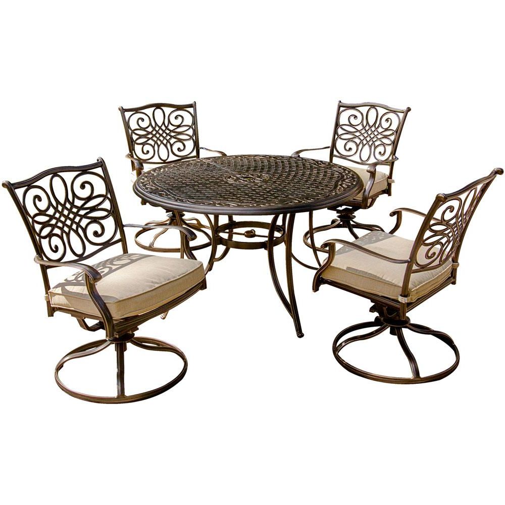 Round 5 Piece Outdoor Patio Dining Sets In 2019 Cambridge Seasons 5 Piece Aluminum Outdoor Dining Set With Tan Cushions (View 12 of 15)