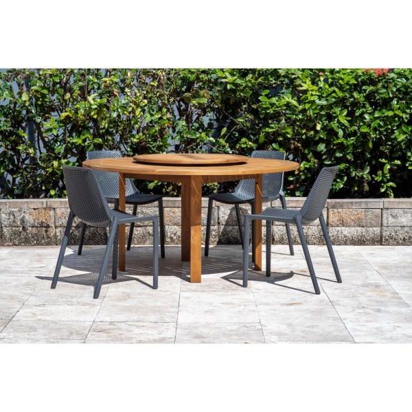 Round Teak And Eucalyptus Patio Dining Sets Inside Newest Amazonia Quincy Lazy Susan Gray 5 Piece Wood Teak Round Outdoor Dining (View 15 of 15)