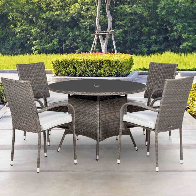 Royalcraft Malaga Rattan 4 Person Outdoor Round Dining Table With Regard To Famous Distressed Gray Wicker Patio Dining Sets (View 5 of 15)