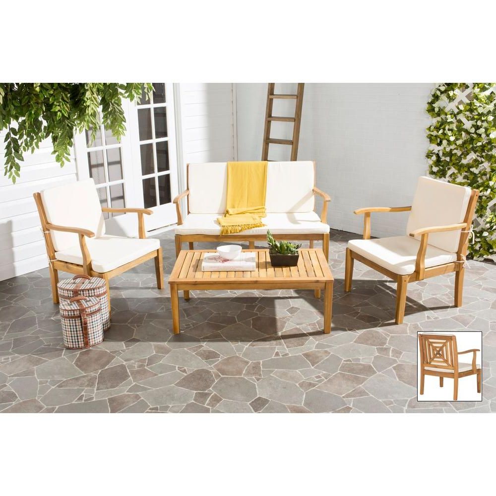 Safavieh Del Mar Teak Brown 4 Piece Patio Seating Set With Beige Inside 2019 4 Piece Outdoor Seating Patio Sets (View 11 of 15)