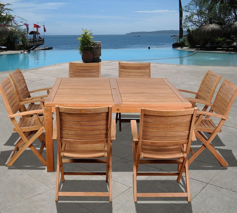 Saldano 9 Piece Teak Square Dining Table With Maya Folding Dining With Regard To Popular 9 Piece Teak Outdoor Square Dining Sets (View 2 of 15)