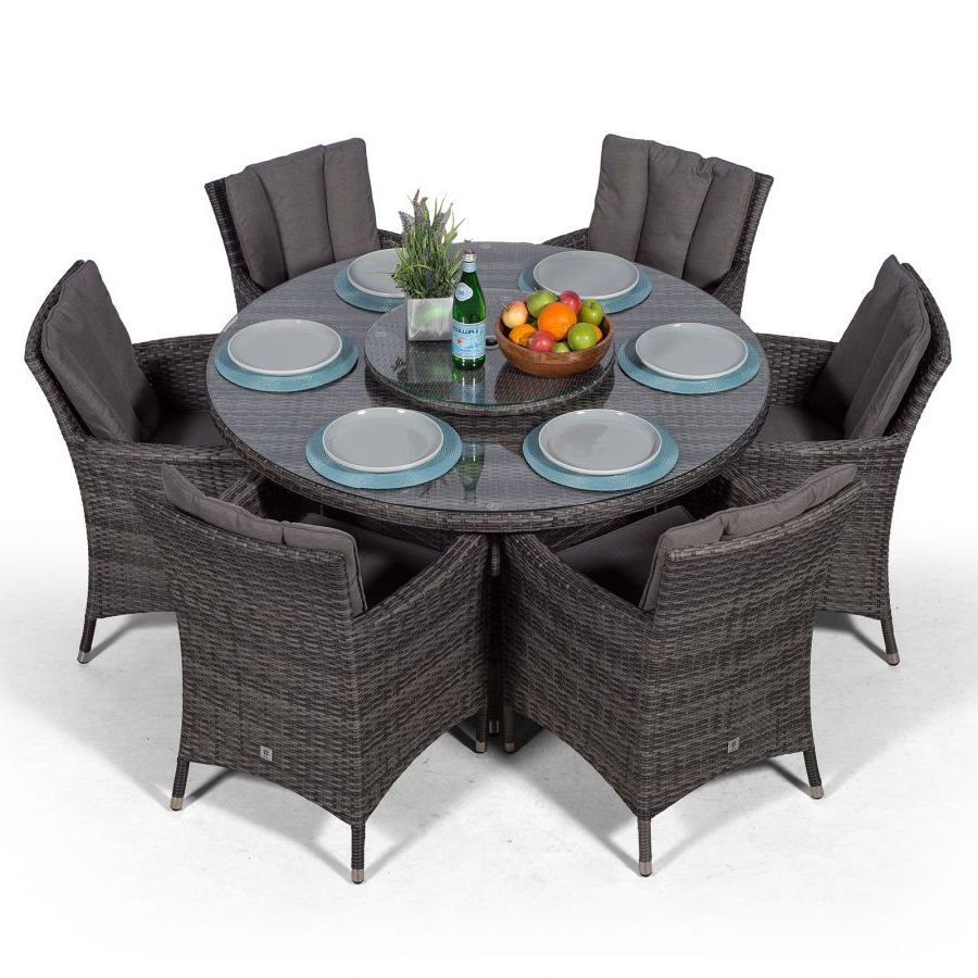 Savannah 135cm Round 6 Seater Rattan Dining Set – Grey In Newest Gray Wicker Round Patio Dining Sets (View 7 of 15)