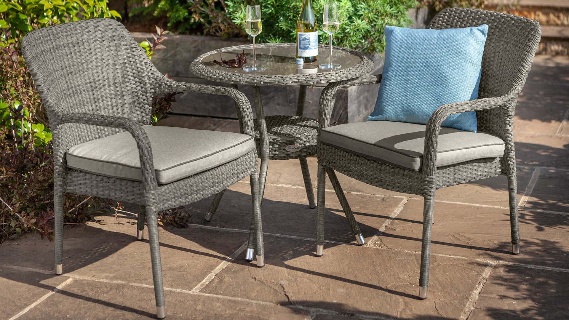 Savoy Stacking Bistro Set Grey – Savoy – Wicker Garden Furniture Throughout Newest Gray Wash Wood Porch Patio Chairs Sets (View 14 of 15)