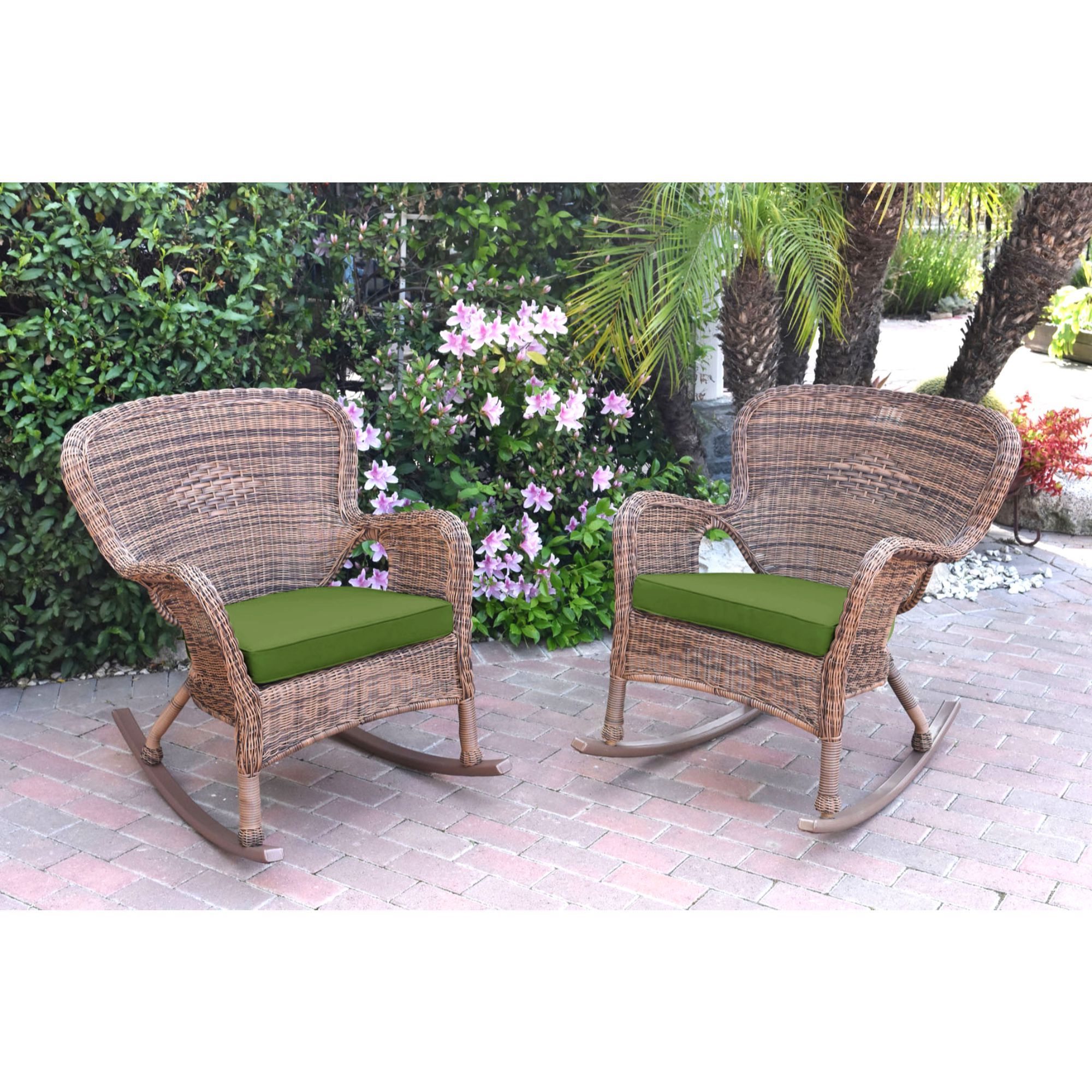 Set Of 2 Brown And Green Windsor Outdoor Patio Wicker Chair And For Current Green Rattan Outdoor Rocking Chair Sets (View 1 of 15)