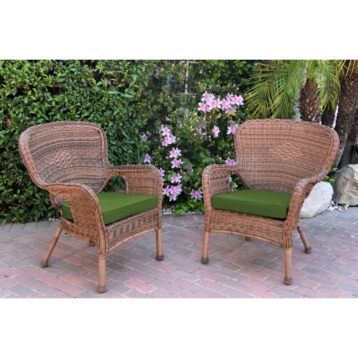 Set Of 2 Windsor Honey Resin Wicker Chair With Hunter Green Cushion With Regard To Most Popular Green Rattan Outdoor Rocking Chair Sets (View 9 of 15)