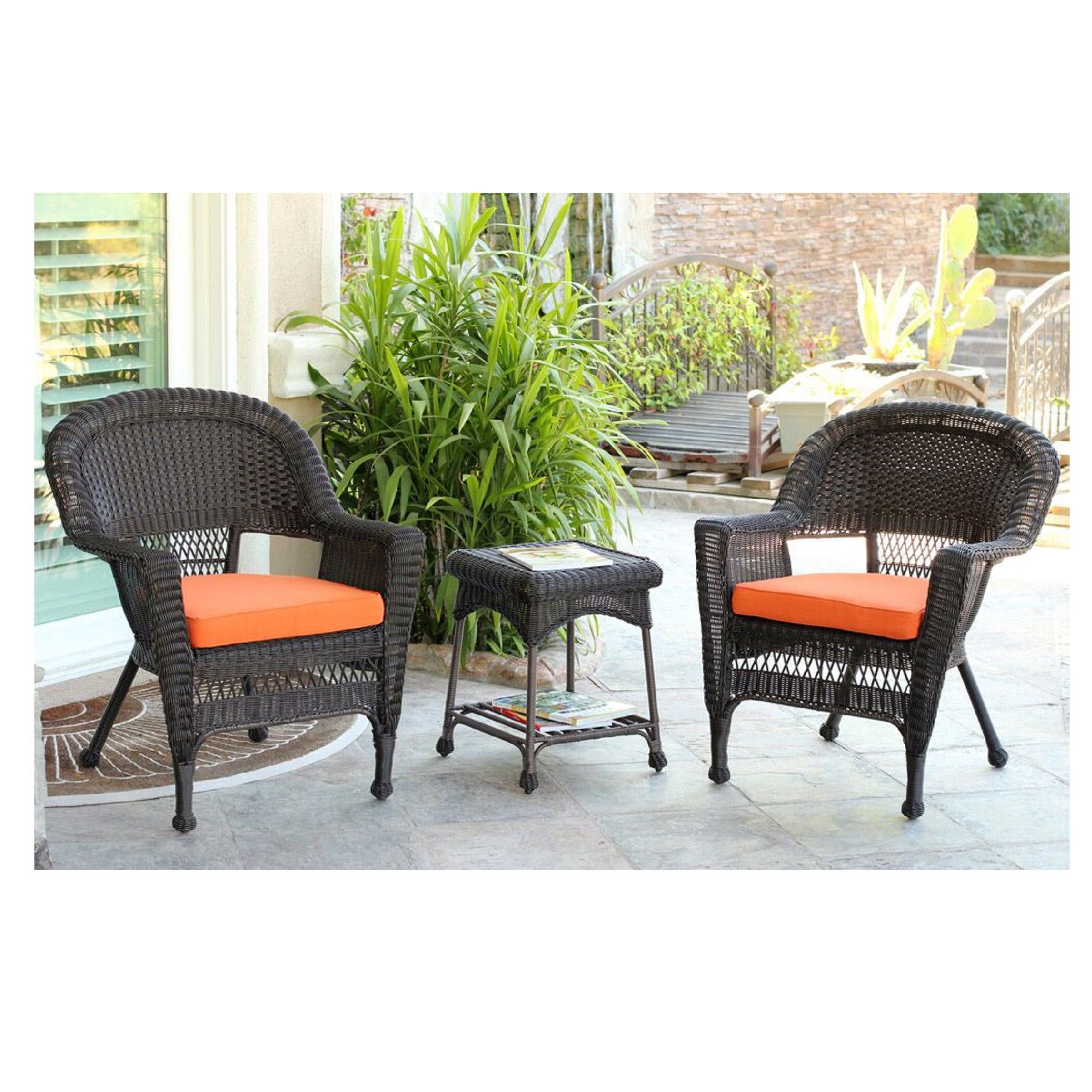 Set Of 3 Espresso Brown Resin Wicker Patio Chairs And End Table Intended For Most Recent Outdoor Wicker Orange Cushion Patio Sets (View 12 of 15)