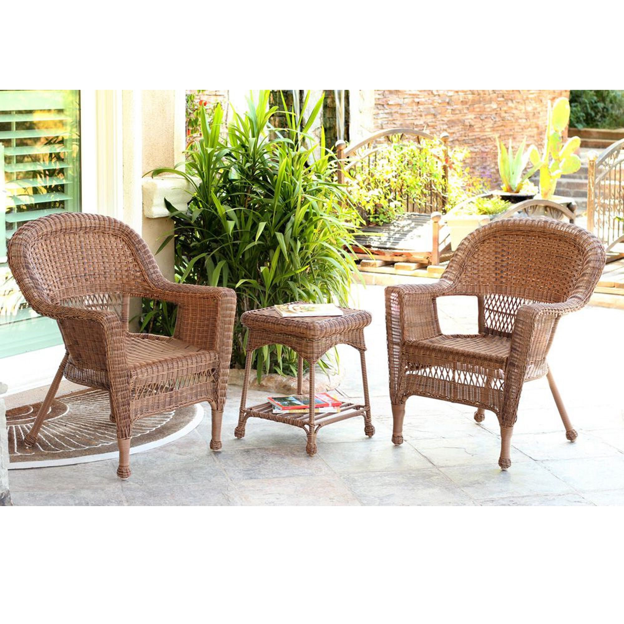 Set Of 3 Honey Brown Resin Wicker Patio Chairs And End Table Furniture Pertaining To Widely Used Rattan Wicker Outdoor Seating Sets (View 10 of 15)