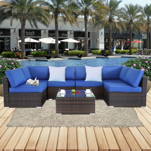 Shop For Patio Rattan Furniture 7pcs Garden Sectional Sofa Outdoor In Most Recent Blue And Brown Wicker Outdoor Patio Sets (View 3 of 15)