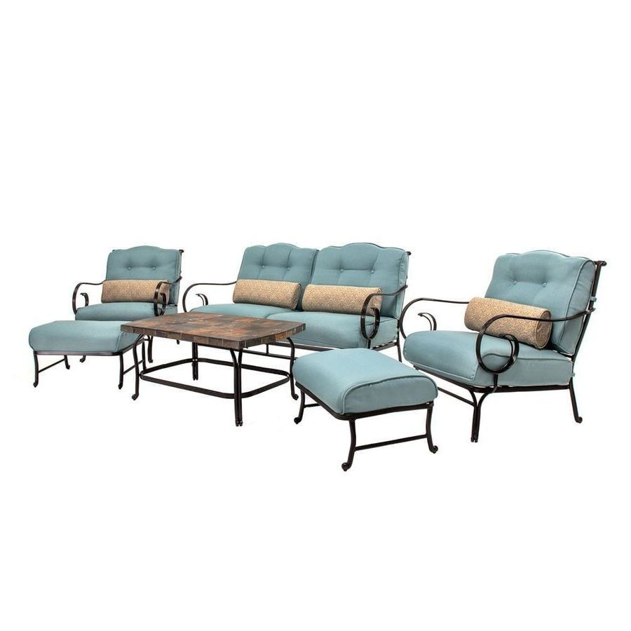 Shop Hanover Outdoor Furniture Oceana 6 Piece Steel Frame Patio With Regard To Most Recently Released Blue Cushion Patio Conversation Set (View 13 of 15)
