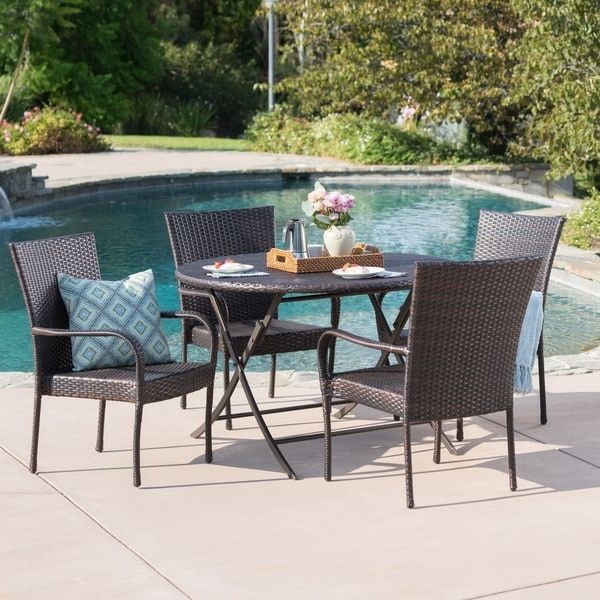 Shop Remy Outdoor 5 Piece Round Foldable Wicker Dining Set With In Latest Wicker 5 Piece Round Patio Dining Sets (View 6 of 15)