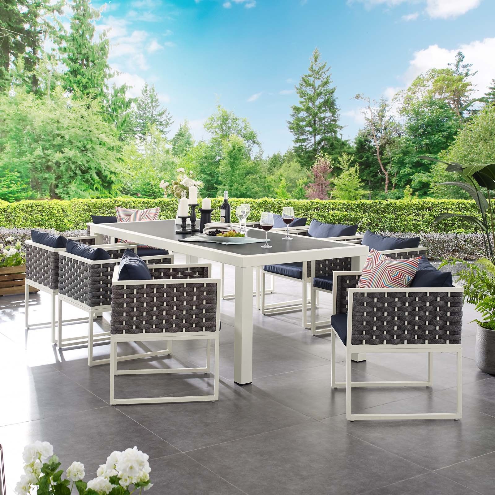 Stance White Navy 9 Piece Outdoor Patio Aluminum Dining Set Eei 3186 Pertaining To Most Up To Date Navy Outdoor Seating Sets (View 9 of 15)