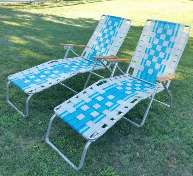 Steel Arm Outdoor Aluminum Chaise Sets Throughout Latest Pair Vintage Telescope Style Webbed Aluminum & Wood Folding Chaise (View 11 of 15)