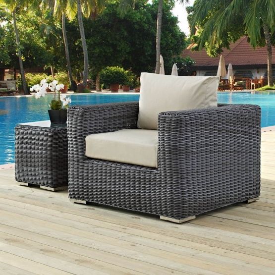 Summon Outdoor Patio Fabric Sunbrella/synthetic Rattan Weave Armchair Intended For Newest Fabric Outdoor Wicker Armchairs (View 4 of 15)