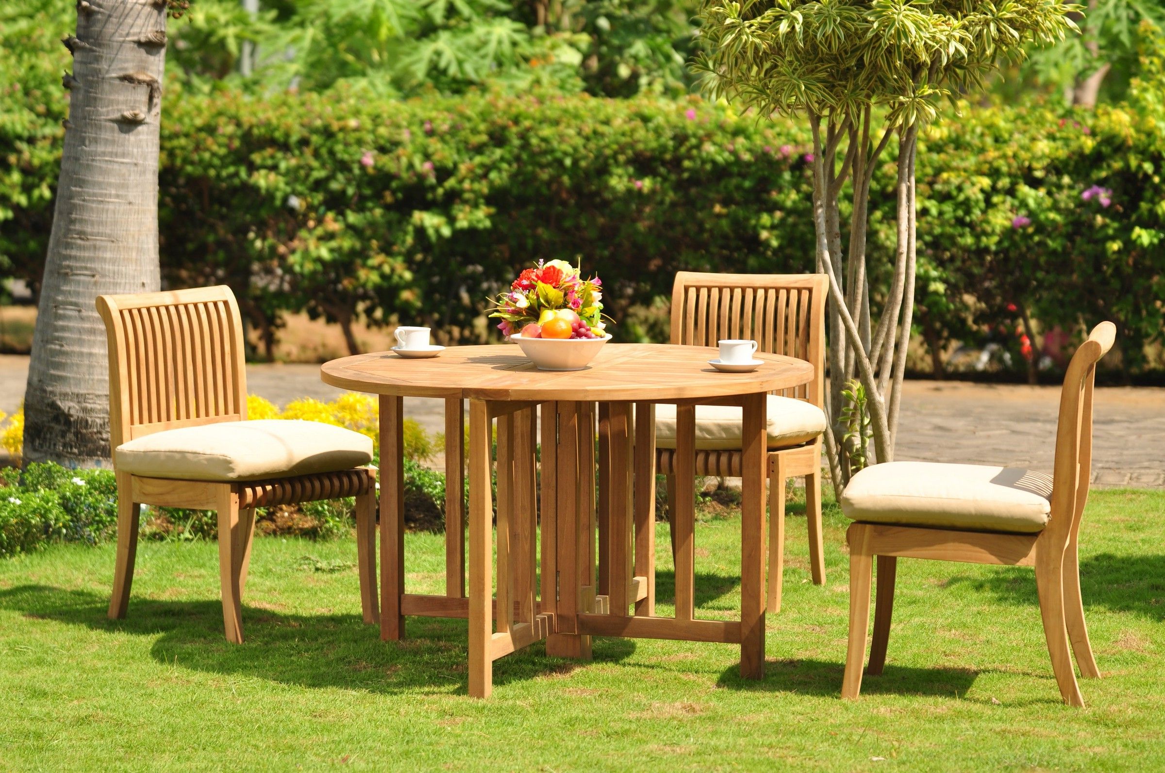 Teak Armchair Round Patio Dining Sets Regarding 2019 Teak Dining Set: 3 Seater 4 Pc: 48" Round Butterfly Folding Table And  (View 5 of 15)