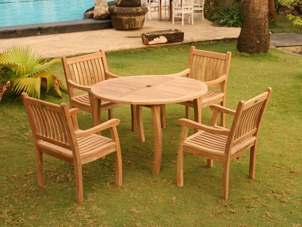 Teak Armchair Round Patio Dining Sets Throughout Favorite Tortuga Outdoor Teak Furniture 5 Piece Dining Set Round Table 4 Arm (View 3 of 15)
