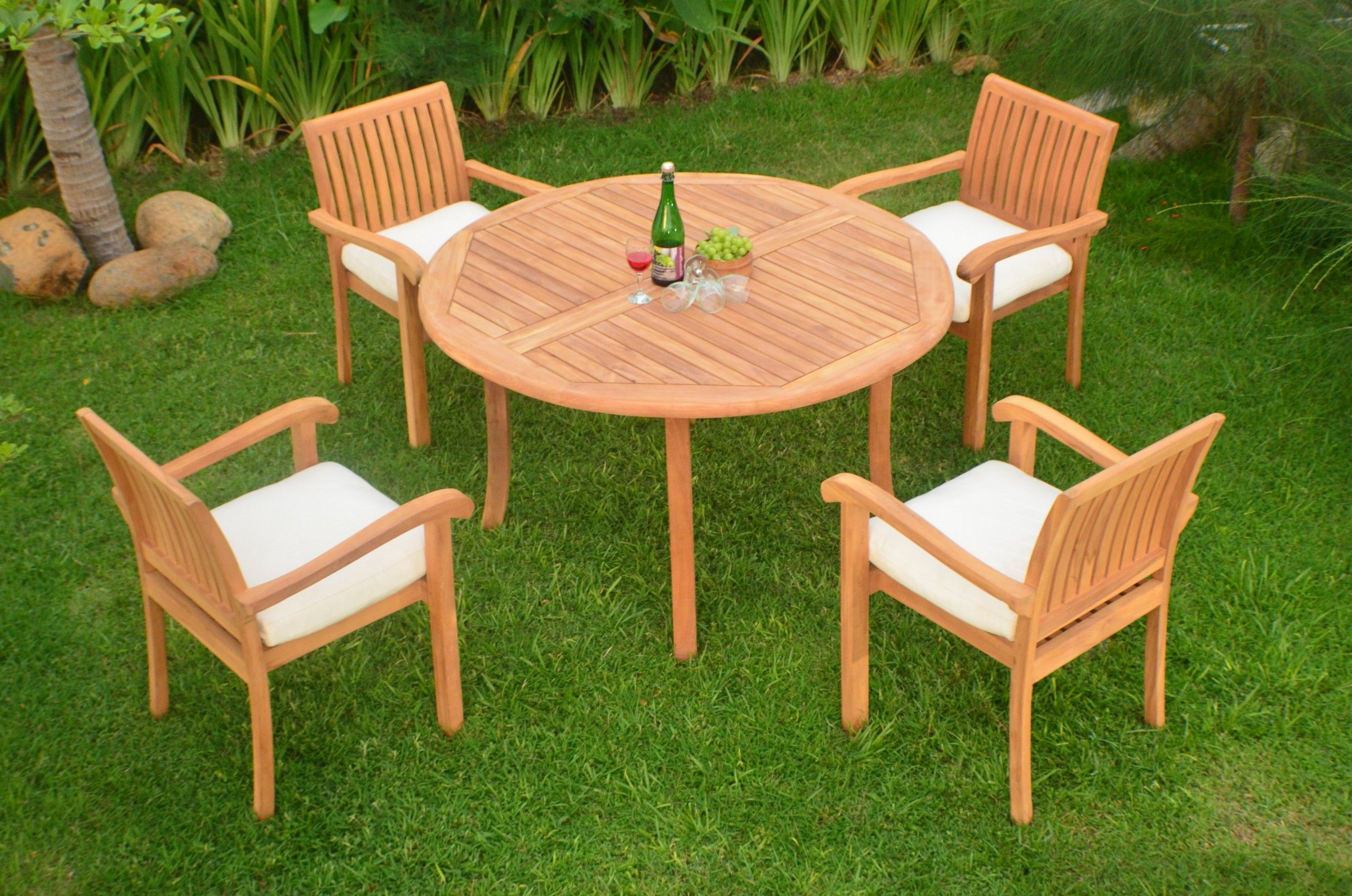 Teak Armchair Round Patio Dining Sets With Regard To Newest Teak Dining Set:4 Seater 5 Pc – 52" Round Table And 4 Stacking Napa Arm (View 6 of 15)