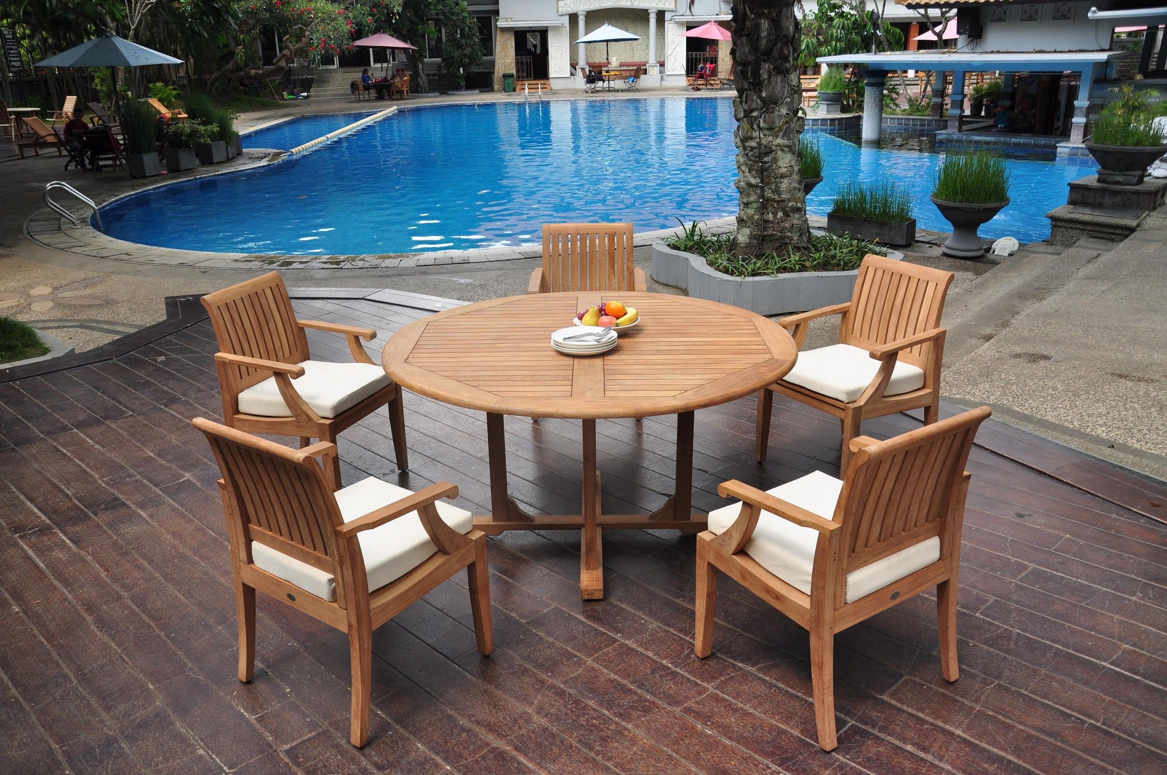 Teak Armchair Round Patio Dining Sets With Regard To Popular Grade A Teak Dining Set: 5 Seater 6 Pc: 60" Round Table And 5 Lagos Arm (View 7 of 15)