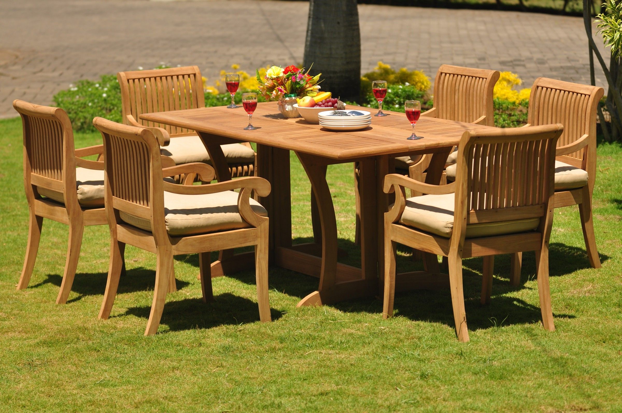 Teak Dining Set: 6 Seater 7 Pc: 69" Warwick Dining Rectangle Table And With Regard To Famous Teak Wood Rectangular Patio Dining Sets (View 1 of 15)