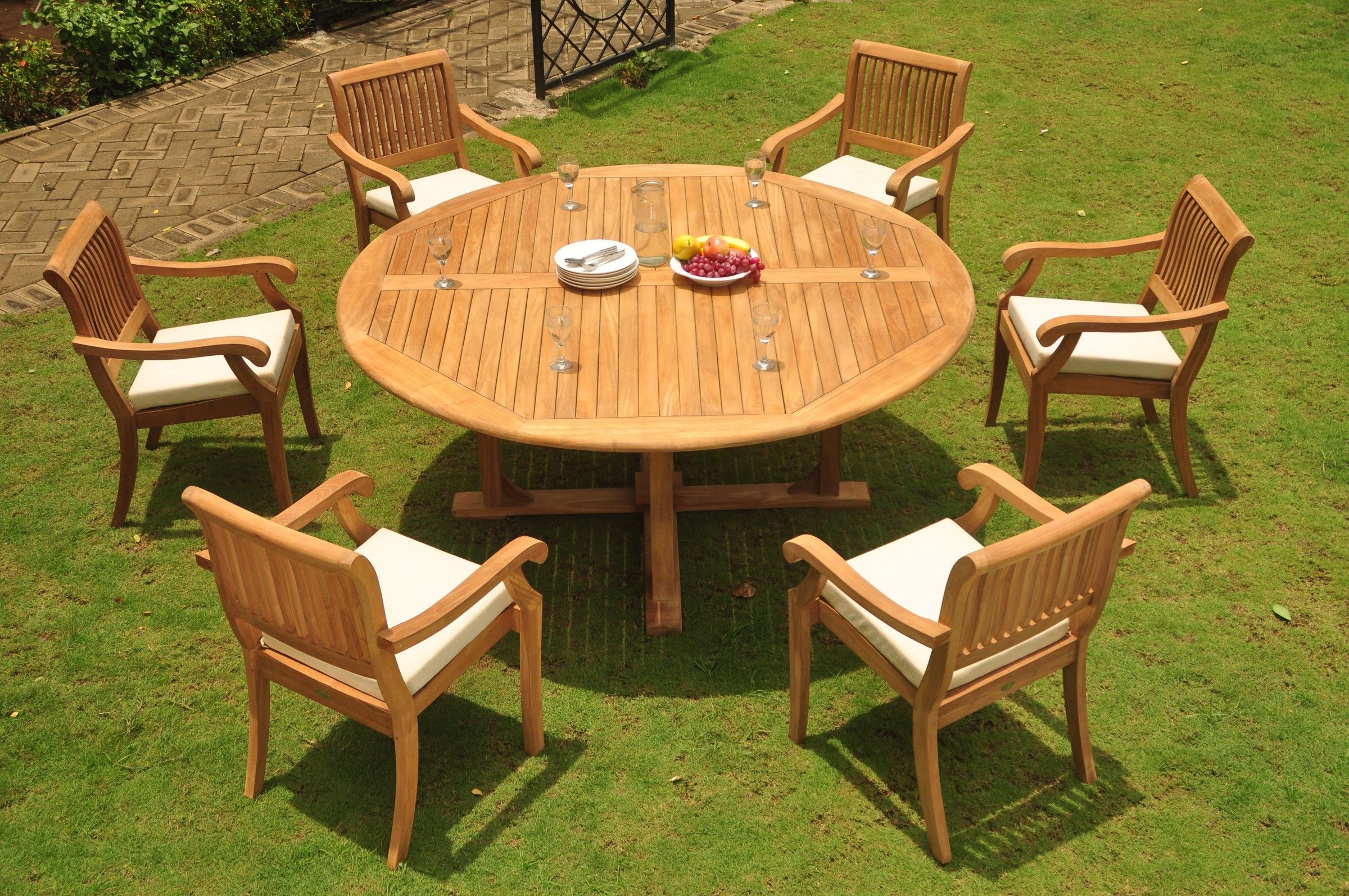 Teak Dining Set: 6 Seater 7 Pc: 72" Round Dining Table And 6 Arbor For Most Recent Teak Armchair Round Patio Dining Sets (View 8 of 15)
