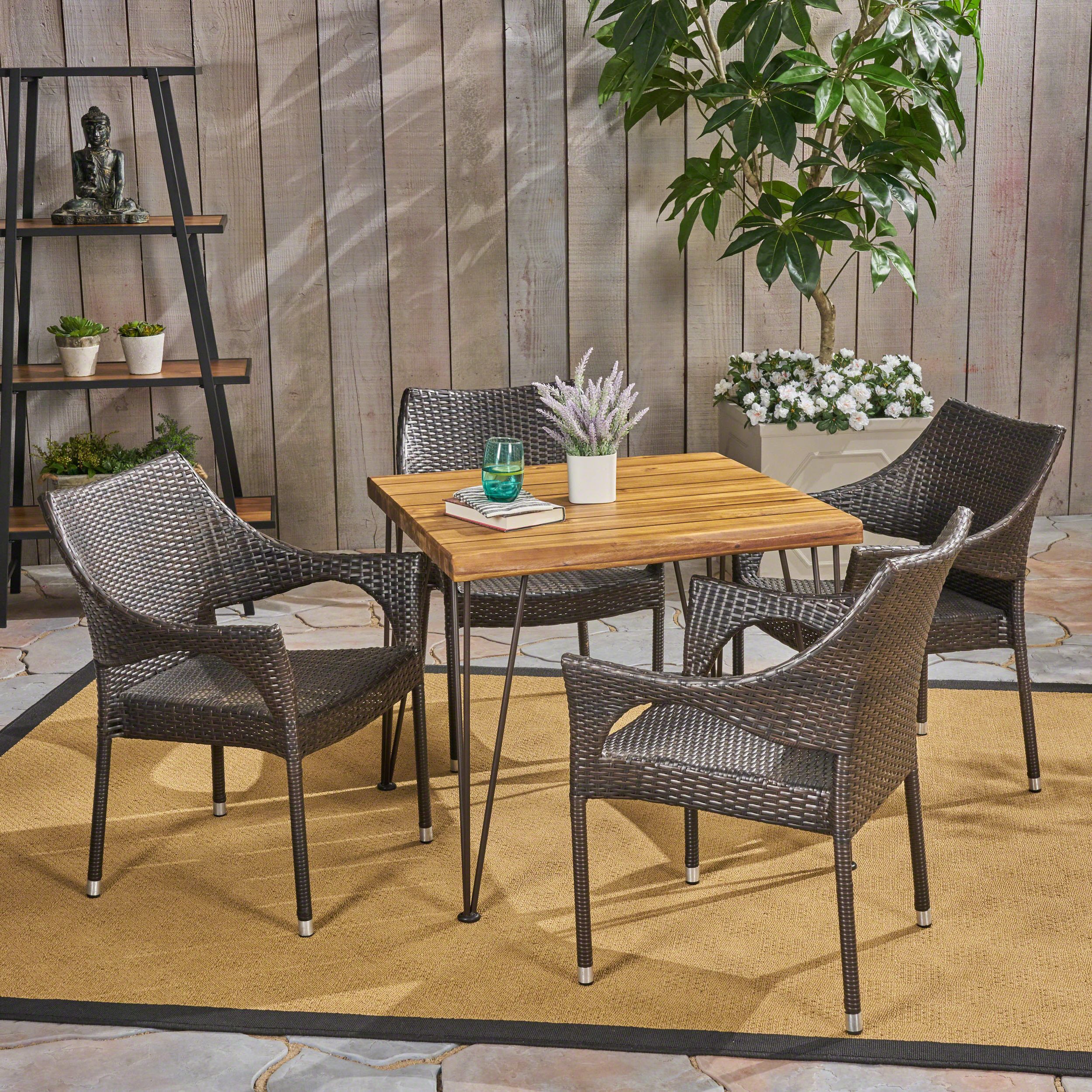 Teak Wicker Outdoor Dining Sets With Best And Newest Arya Outdoor 5 Piece Industrial Wood And Wicker Square Dining Set (View 13 of 15)