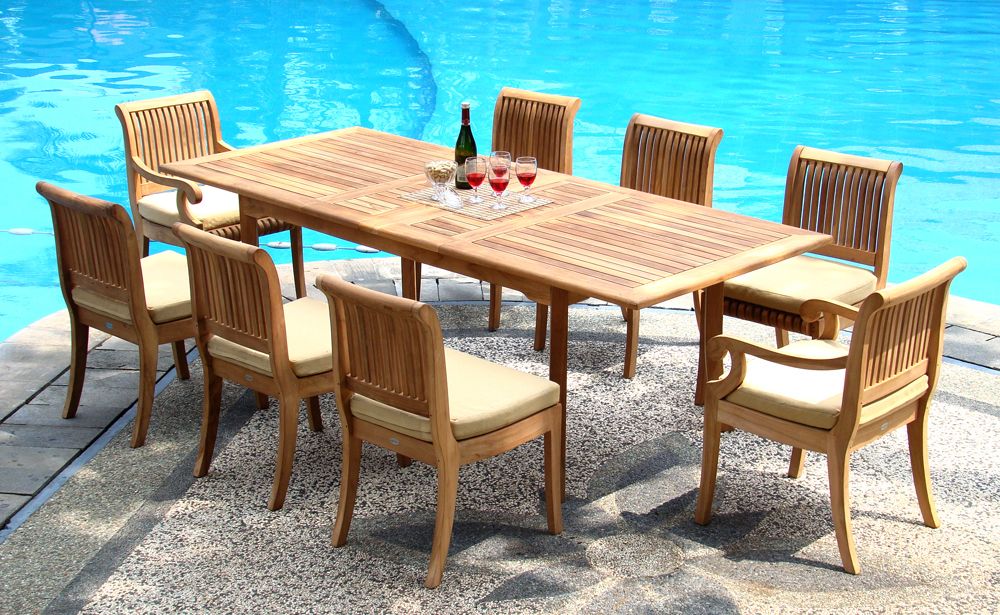Teak Wood Rectangular Patio Dining Sets For Best And Newest Teak Dining Set:8 Seater 9 Pc – 94" Double Extension Rectangle Table (View 11 of 15)