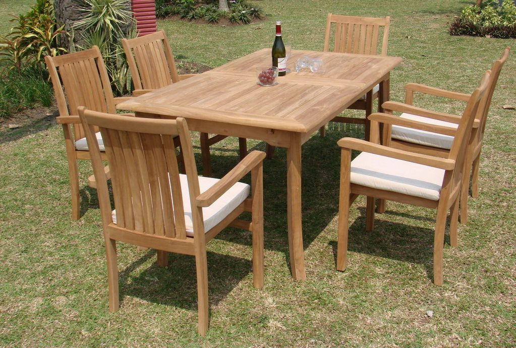 Teak Wood Rectangular Patio Dining Sets With Regard To Trendy Teak Dining Set:6 Seater 7 Pc – 94" Rectangle Table And 6 Cahyo (View 9 of 15)