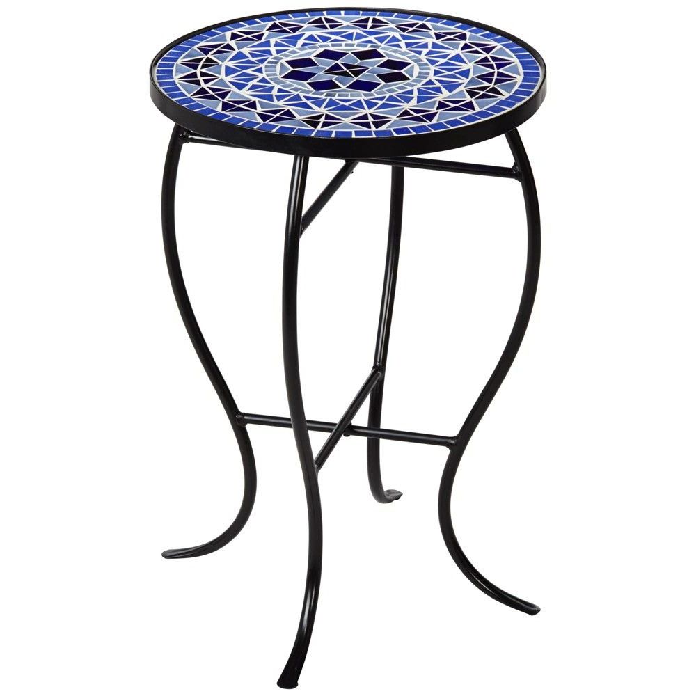 Teal Island Designs Cobalt Mosaic Black Iron Outdoor Accent Table For 2020 Green Mosaic Outdoor Accent Tables (View 7 of 15)