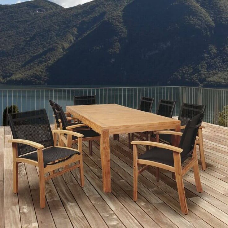 Terrace 9 Piece Teak Dining Set With Black Sling Chair In  (View 12 of 15)
