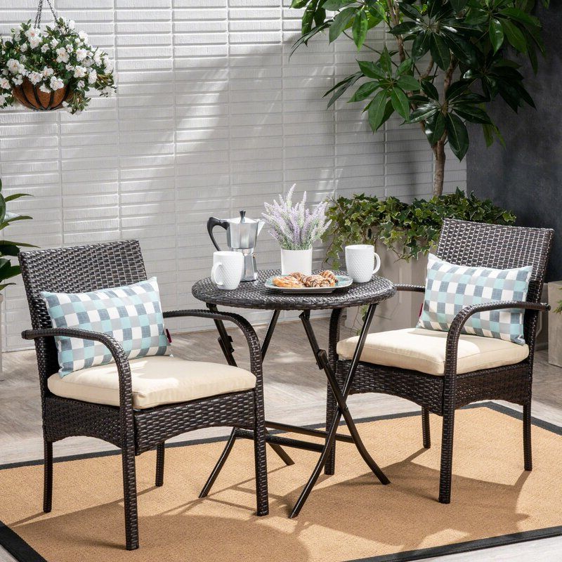 Three Posts™ Dereham Outdoor 3 Piece Bistro Set With Cushions & Reviews Pertaining To Well Known 3 Piece Patio Bistro Sets (View 12 of 15)