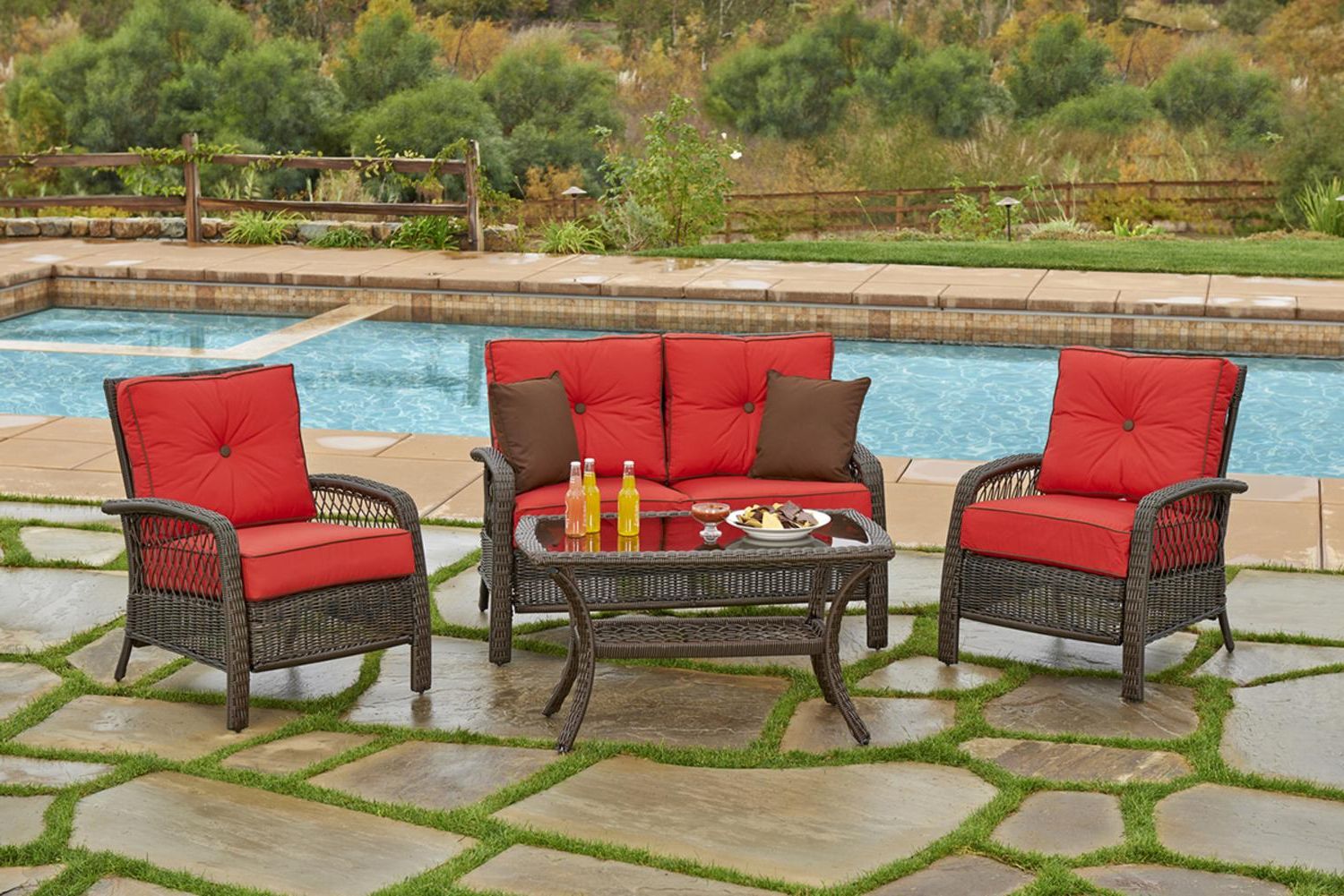 Trendy 4 Piece Outdoor Wicker Seating Sets Intended For 4 Piece Beacon Cappuccino Resin Wicker Patio Loveseat, Chairs & Table (View 15 of 15)