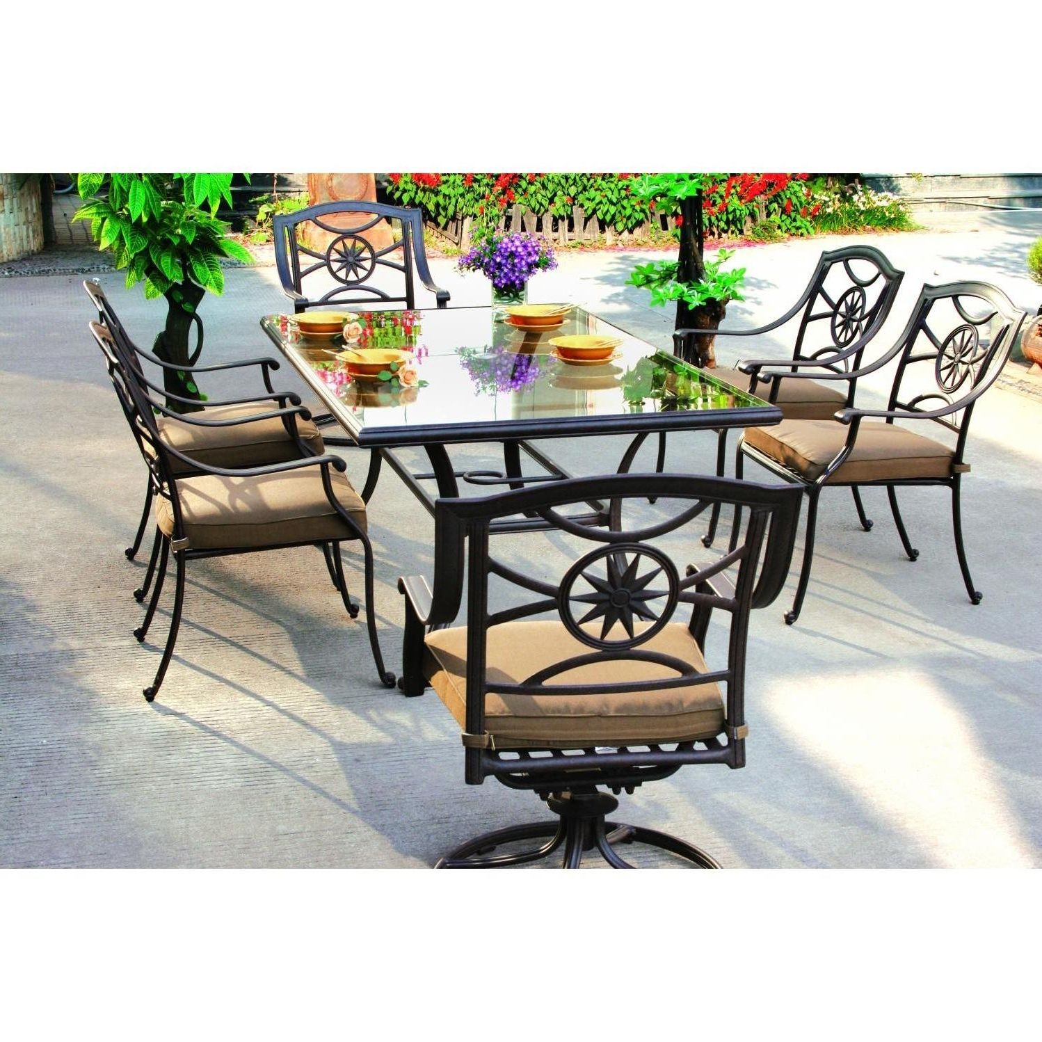 Trendy 7 Piece Patio Dining Sets With Regard To Darlee Ten Star 7 Piece Patio Dining Set, Aluminum, Glass Top (View 15 of 15)