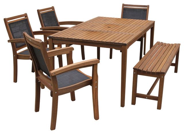 Trendy Catania 6 Piece Sling And Eucalyptus Dining Set – Transitional With Black Eucalyptus Outdoor Patio Seating Sets (View 7 of 15)