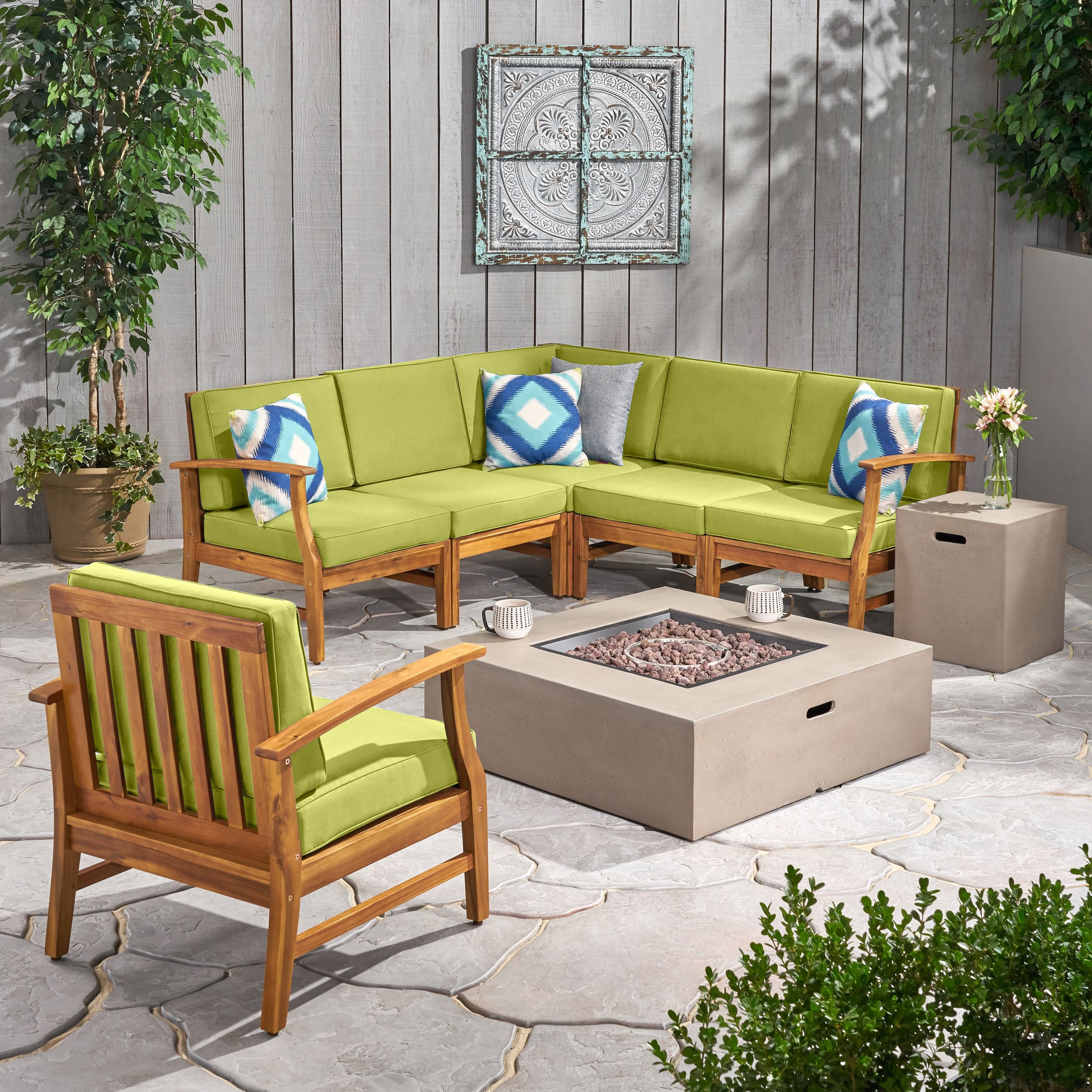 Trendy Gray Outdoor Table And Loveseat Sets Regarding Ellanese Outdoor 6 Seater Acacia Wood Sofa Set With Square Fire Table (View 10 of 15)