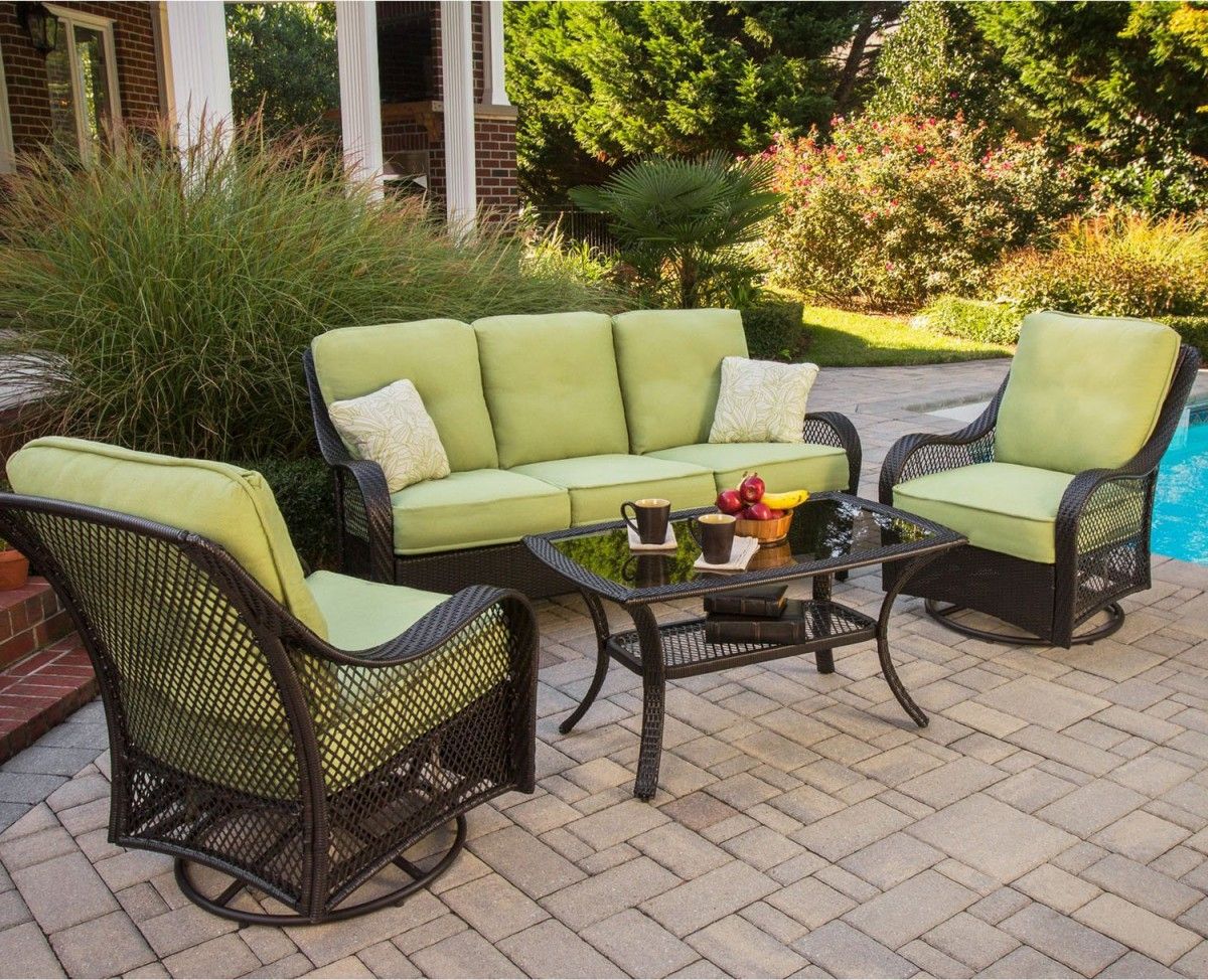 Trendy Hanover Orleans 4 Piece Outdoor Conversation Set With Swivel Glider Chairs Throughout 4 Piece Outdoor Seating Patio Sets (View 15 of 15)